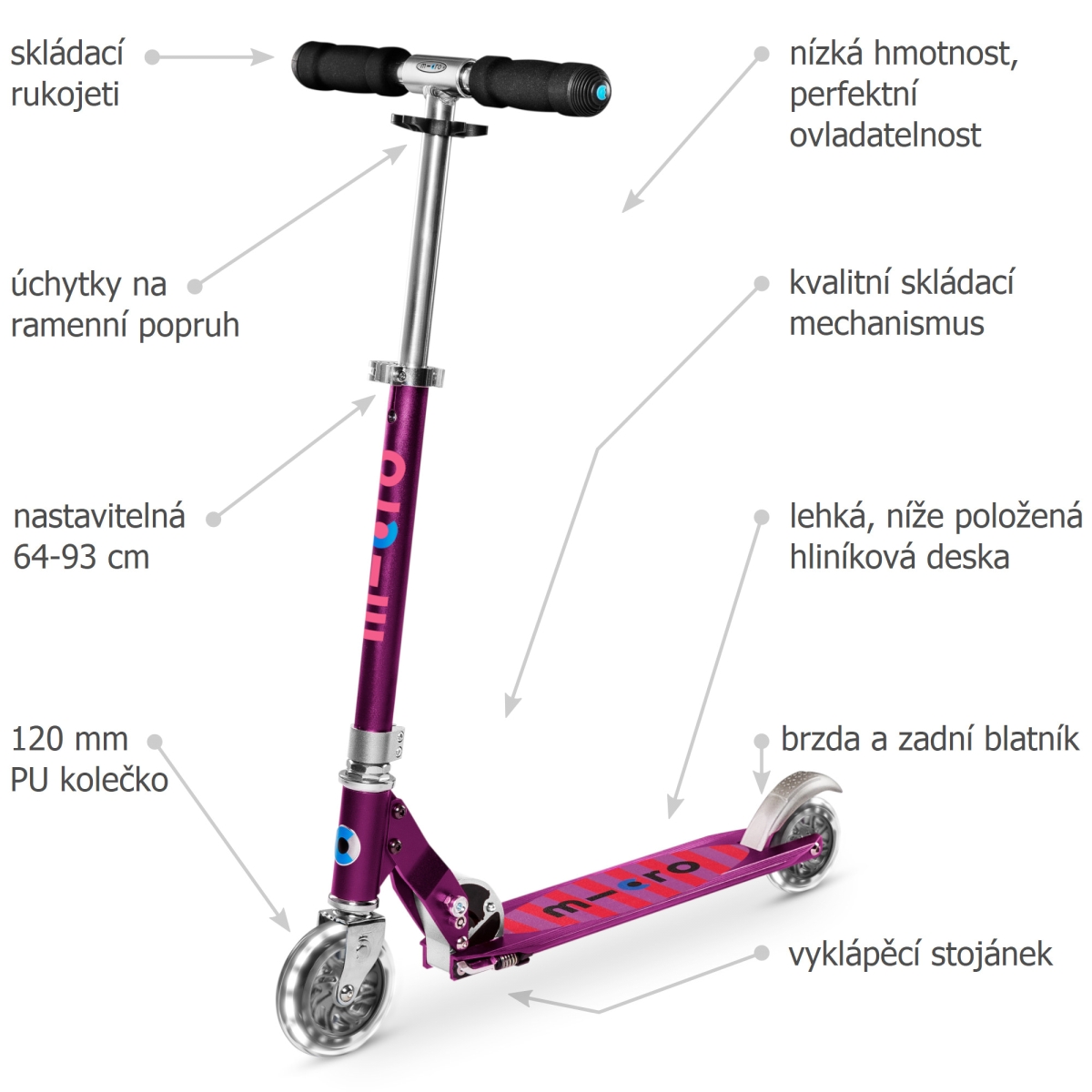 Koloběžka Micro Sprite LED Purple Stripe - ZDARMA dopravné!