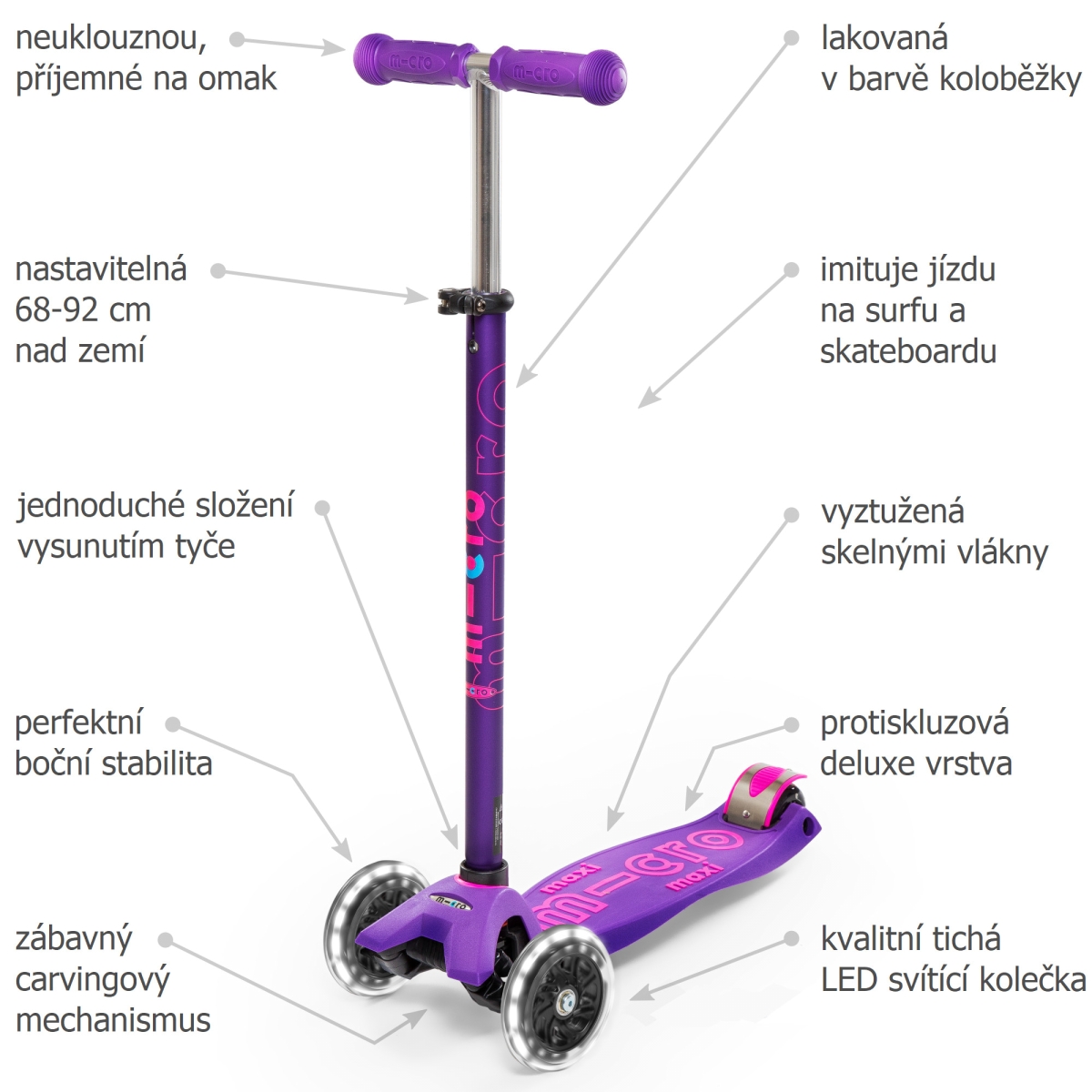 Koloběžka Maxi Micro Deluxe Purple LED - ZDARMA dopravné a Zdravá láhev!