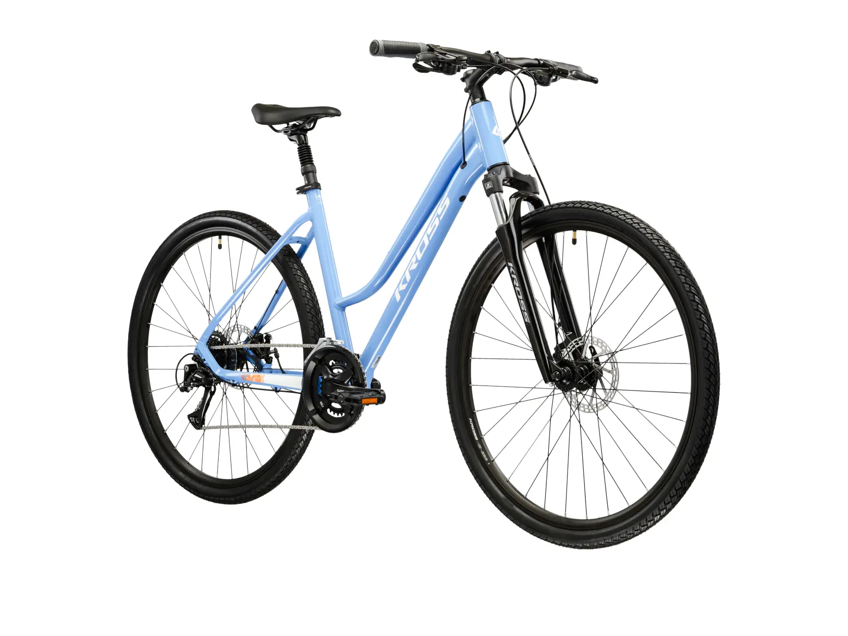 KROSS EVADO 3.0 LADY, rám 17" (M), model 2026, pneu 28", barva modrá/bílá - ZDARMA dopravné, seřízení, odborná montáž a sada světel!