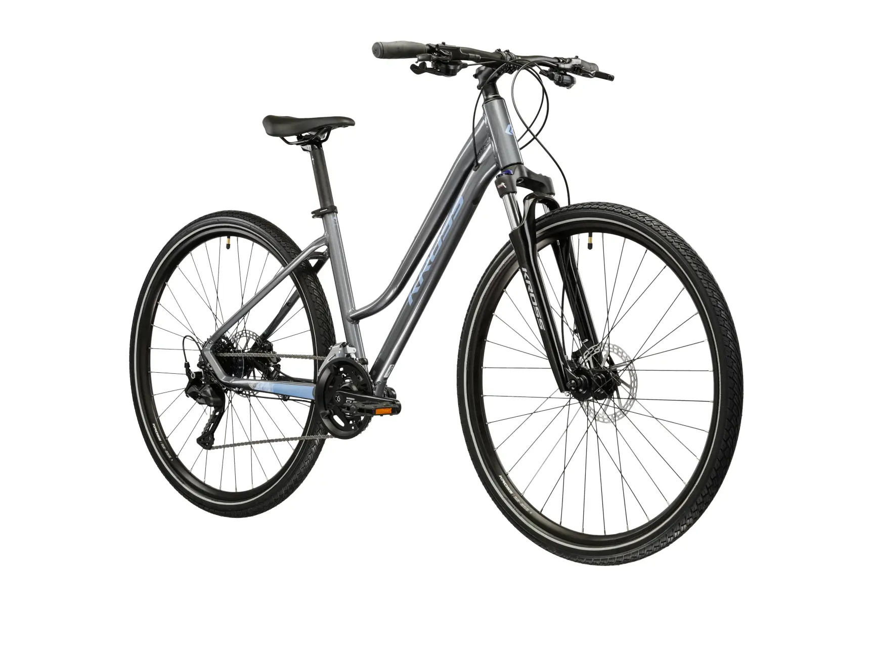 KROSS EVADO 5.0 LADY, rám 17" (M), model 2026, pneu 28", barva šedá/modrá - ZDARMA dopravné, seřízení, odborná montáž a sada světel!