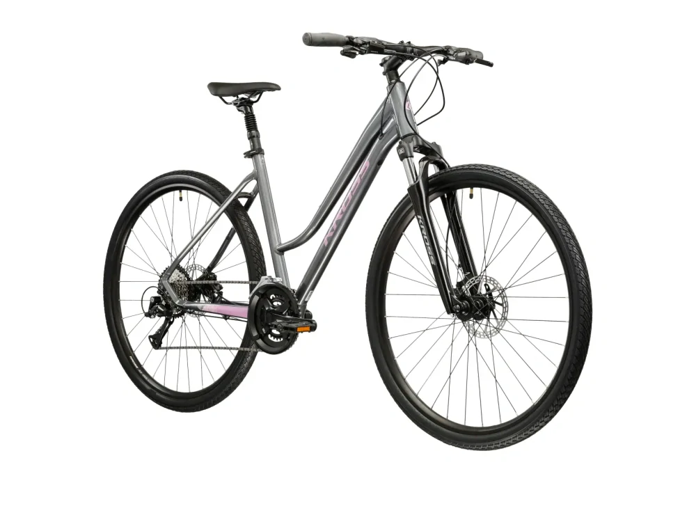 KROSS EVADO 4.0, rám 17" (M), model 2026, pneu 28", barva šedá/růžová - ZDARMA dopravné, seřízení, odborná montáž a sada světel!