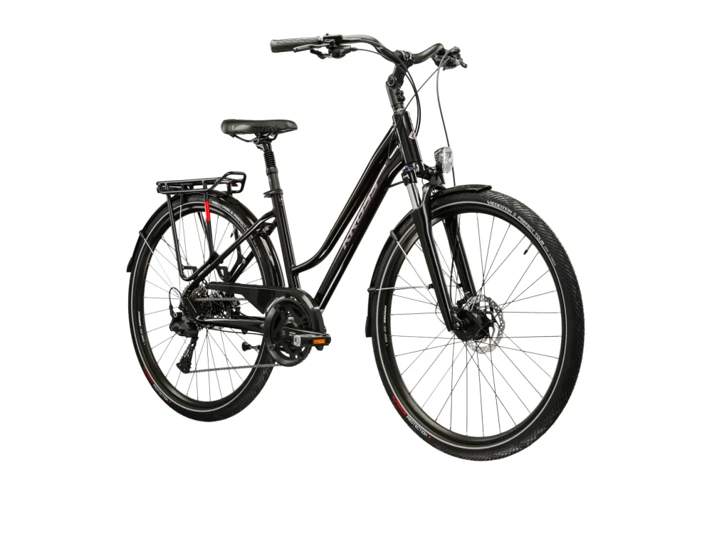 KROSS TRANS 7.0 Lady, rám 17" (M), model 2026, pneu 28", barva černá/růžová/lesk - ZDARMA dopravné, seřízení, odborná montáž a koš na zadní nosič!