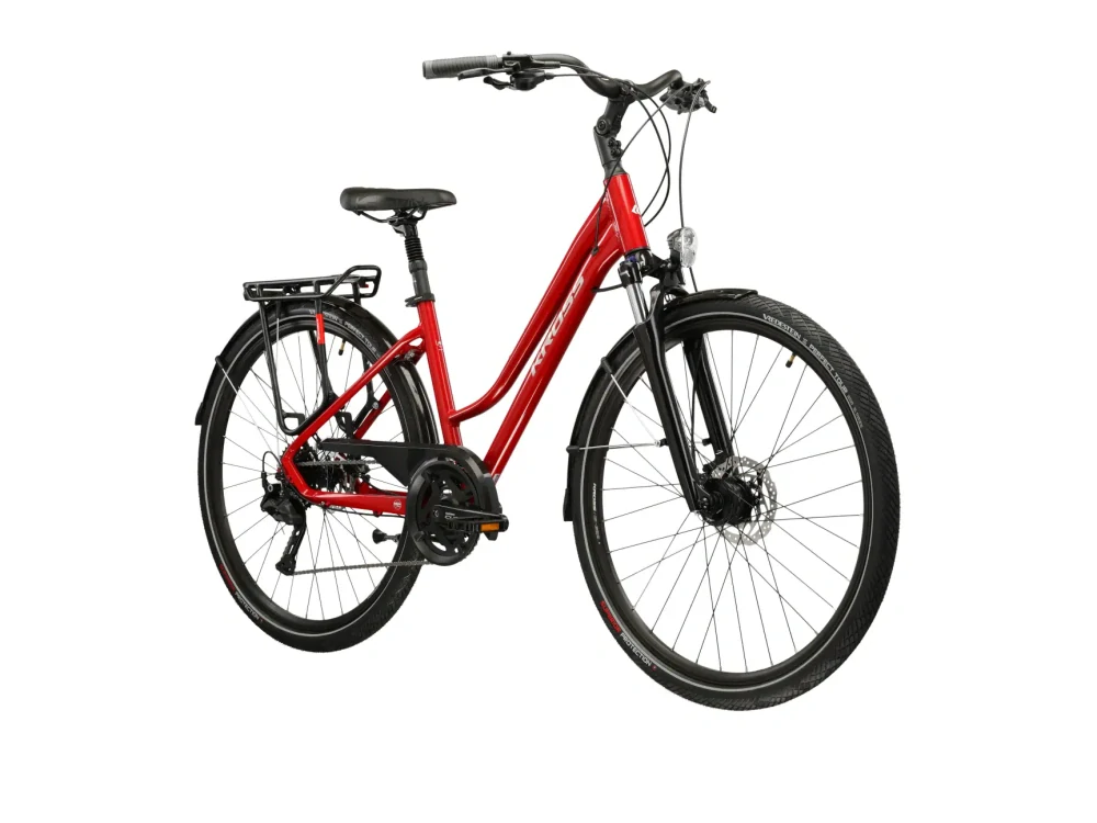 KROSS TRANS 5.0 Lady, model 2026, pneu 28", barva červená/stříbrná/lesk - ZDARMA dopravné, seřízení, odborná montáž a koš na zadní nosič!