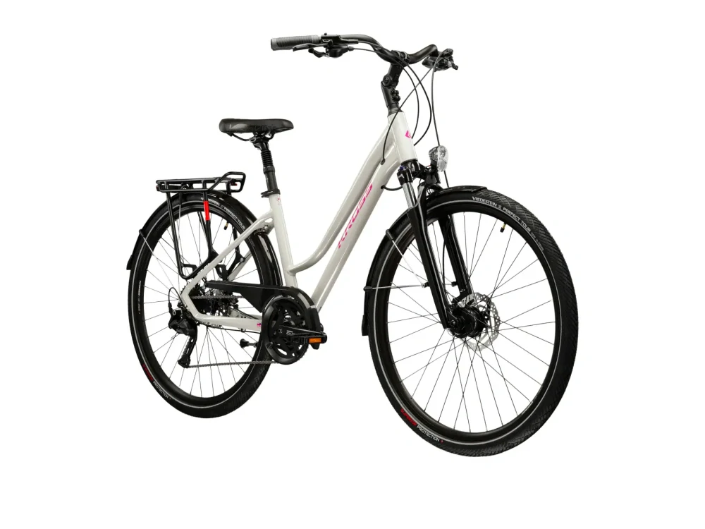KROSS TRANS 5.0 Lady, rám 19" (L), model 2026, pneu 28", barva šedá/růžová/lesk - ZDARMA dopravné, seřízení, odborná montáž a koš na zadní nosič!