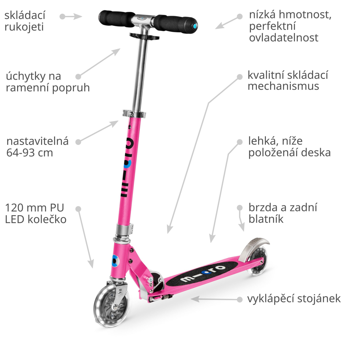 Koloběžka Micro Sprite LED pink - ZDARMA dopravné!