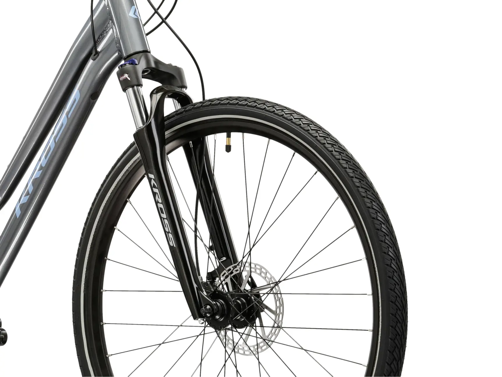 KROSS EVADO 5.0 LADY, rám 17" (M), model 2026, pneu 28", barva šedá/modrá - ZDARMA dopravné, seřízení, odborná montáž a sada světel!